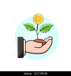 Investment Growth Hand hält ein sprießendes Geld Pflanze Vektor Illustration Cartoon Design Stock Vektor