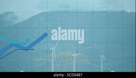 Anzeige der zentralen weißen Windkraftanlage auf nebeliger Hanglage, mit Gitterüberlagerung und Liniendiagrammen Stockfoto