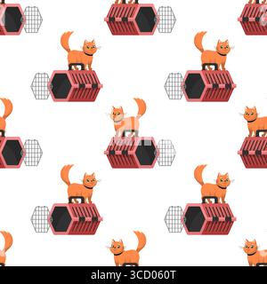 Niedliche rote Katze mit nahtlosem Trägermuster. Reisen mit Haustieren Konzept Textur. Vector Flat Design, Cartoon Stil. Vektortextil. Katze ist aus dem Träger rausgekommen Stock Vektor