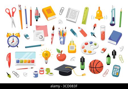 Zurück zur Schule. Sammlung von Schulmaterialien. Illustration des Zeichentrickvektors. Schulelemente. Untersuchungssymbole auf weiß isoliert Stock Vektor