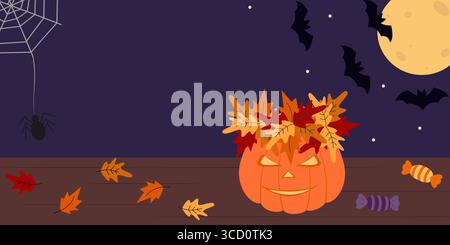 Halloween-Kürbis im Herbst verlässt einen Kränz vor Halloween-Hintergrund mit Spinnennetz und fliegenden Fledermäusen. Isolierte Vektor-Illustration Halloween Gruß Thematische Karte Promo Banner, Flugblätter Preis Tag, Anzeigen Stock Vektor