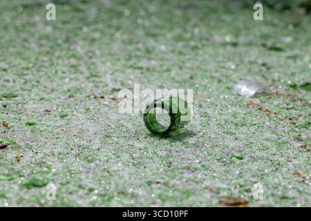 Einem kleinen, dunkelgrünen Glasring oder einem Fragment eines Glasflaschenhalses, der auf einer mit zahlreichen kleineren Flächen bedeckten Fläche aufliegt, Stockfoto
