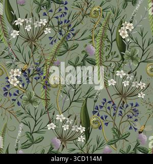 Nahtloses Vektormuster von Herbstwaldpflanzen, Waldbeeren, Klee, Kräutern, Farnen, und Pilze Stock Vektor