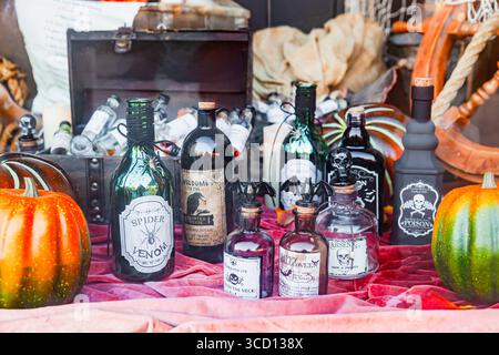 Flaschen mit verschiedenen Giften auf rotem Tuch und Kürbisse in der Nähe. Stillleben zu Ehren von Halloween. Stockfoto