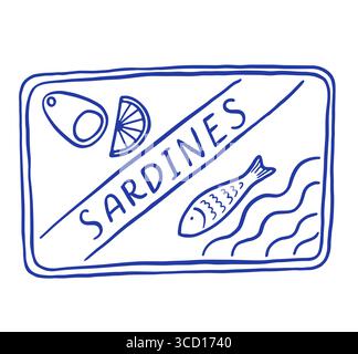 Hand zeichnen Sardinen Dose mit Zitronenvektor Illustration. Ikone mit mediterranen Meeresfrüchten. La Dolce vita. Retro-STYLE Stock Vektor