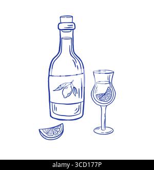Hand zeichnen Limoncello Likör Vektor Illustration. Italienisches Zitrusgetränk mit Zitrone auf weißem Hintergrund. Stock Vektor