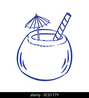 Handzeichnung Kokos-Kokos-Kokos mit Strohvektor-Illustration. Tropische Drinks mit Doodle Sketch-Stil Stock Vektor