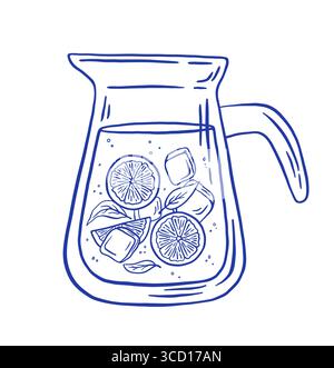 Hausgemachte Limonade mit Eis und Zitronenscheibe in der Kanne Vektor Illustration. Frisches Sommergetränk auf weißem Hintergrund. Stock Vektor