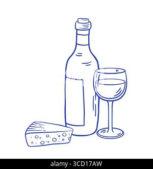 Hand zeichnen Kritzelweinflasche mit Glas und Käse Vektor Illustration. Stock Vektor