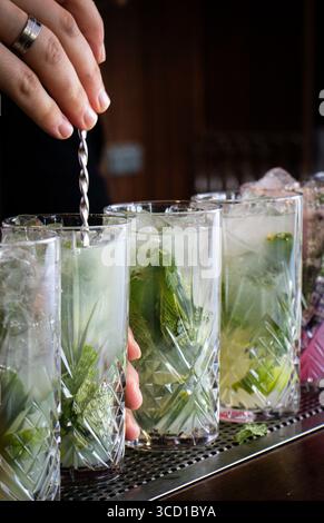 Nahaufnahme eines Barkepers, der erfrischende Mojito-Cocktails in eleganten Kristallgläsern umrührt. Jedes Glas ist mit frischen Minzblättern, Limettenkeilen und Eis gefüllt Stockfoto