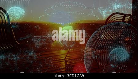 Holographischer Globus über Deck mit Blick auf das Wasser bei Sonnenuntergang, Kopierraum Stockfoto