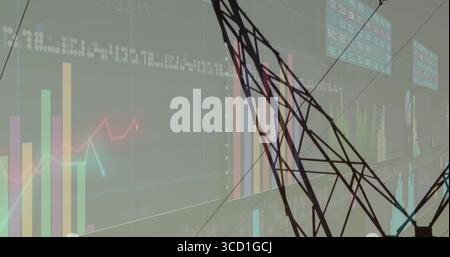 Anzeigen von dunklen Drahtmodellgittern, die sich überlappende Balkendiagramme im Dashboard mit Liniendiagrammen Stockfoto
