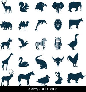 Diese faszinierende Illustration zeigt eine Vielzahl von Tiersilhouetten, darunter Säugetiere, Vögel und Meereslebewesen. Stock Vektor