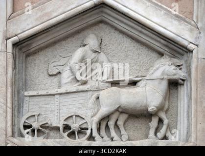 Allegorie auf die Kunst des Theaters aus der Werkstatt von Andrea Pisano, Relief auf Giotto Campanile der Kathedrale Santa Maria del Fiore (Kathedrale von Sai Stockfoto