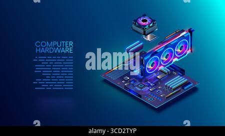 Computerteile schwebten über der Hauptplatine. Montage, Wartung, Reparatur von Computergeräten. Zusammensetzung von Motherboard, Videokarte, Prozesso Stock Vektor