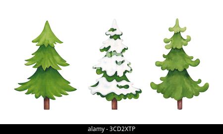Set von Aquarell-grünen Weihnachtsbäumen isoliert auf weißem Hintergrund. Handgezeichnete Waldtanne Illustration. Stockfoto