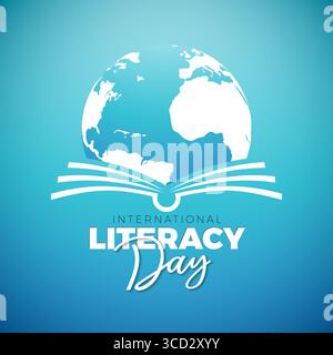 Internationale Alphabetisierung Tag Banner Illustration mit Open Book Symbol und Erde Globe auf blauem Hintergrund. Vektorbildung, Lernen und Wissen Stock Vektor