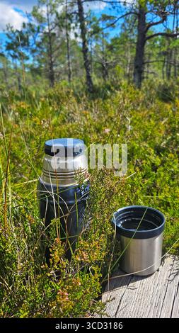 Thermos mit pflanzlichem Bio-Tee in der Natur des Waldes Stockfoto