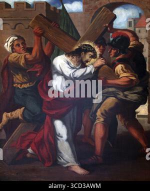 2 Stationen des Kreuzes, Jesus ist sein Kreuz, die Kirche von St. Agatha in Schmerlenbach, Deutschland Stockfoto