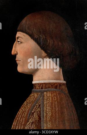 Porträt von Sigismondo Pandolfo Malatesta ist ein Gemälde, das dem italienischen Renaissance-Meister Piero della Francesca 1451 zugeschrieben wird. Es zeigt den Condottiero und Herrn von Rimini und Fano Sigismondo Pandolfo Malatesta, Museum Louvre France. Stockfoto
