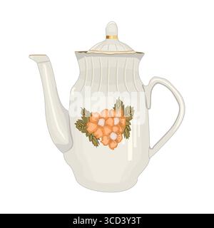 Kaffeekanne oder Teekanne. Kaffeekanne oder Teekanne mit Blumendekor. Wasserkocher mit Blumenmuster zum Kochen heißer Getränke. Tischeinstellung. Vektor Stock Vektor