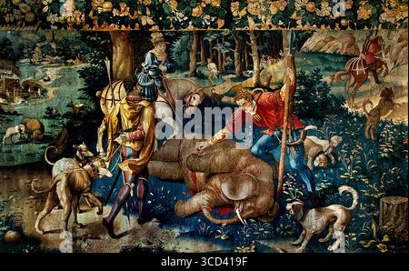Die Jagd auf Elefanten 1530 Nordfrankreich oder Flandern Wandteppiche Wolle und Seide, Museum Chantilly , Frankreich , Französisch, die Elefantenjagd, Wandteppiche in Nordfrankreich oder Flandern, 1530 ( gotischer nördlicher Realismus und die Monumentalität und Idealismus der italienischen Renaissance-Kunst mit dem künstlerischen Potenzial des Wandteppichs ) Stockfoto
