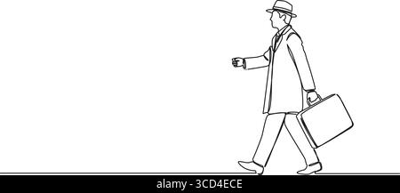 Ununterbrochene einzeilige Zeichnung des älteren Mannes, der kleinen Koffer oder Aktentasche trägt, Linie Art Vektor Illustration Stock Vektor
