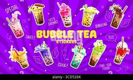 Milchblase Tee Aufkleber Pack mit bunten Tassen, Fruchtbelag, dynamischen Spritzwasser-Effekten auf leuchtendem lila Hintergrund mit lustigen skizzenhaften Flügeln, Sternen und Text. Verspielte, süße und erfrischende Getränke Stock Vektor