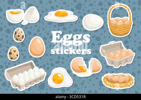Aufkleber von Zeichentrickeierkorb und -Tablett, Nest und Box. Vektorsatz mit verschiedenen Eierpflastern. Ganze, gebrochene Eier, Wachteln und Karton. Farm Protein Lebensmittel zum Frühstück, kulinarische Zutat Stock Vektor
