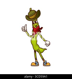 Cartoon groovige Sojabohnengemüse Cowboy Charakter. Farm Legume oder Veggie Wild West Sheriff grooviges Vektor fröhliches Maskottchen, westlicher Cowboy lustiger Charakter. Soja-, Bohnen- oder Erbsenschoten-Banditen-Retro-Persönlichkeit Stock Vektor