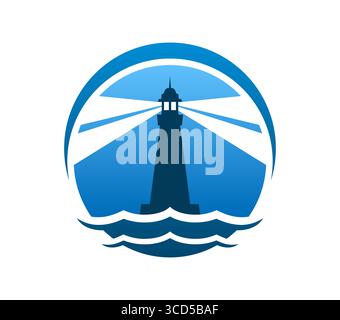 Leuchtturm und Leuchtturm-Symbol mit Lichtstrahl, der über einen kreisförmigen blauen Hintergrund strahlt, und Meereswellen an der Basis, die Führung, Sicherheit und Seeschifffahrt symbolisieren. Vektorrundes Seefahreremblem Stock Vektor
