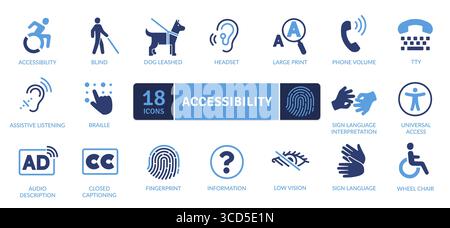 Das Bild ist eine Sammlung von 18 eindeutigen Zeilensymbolen, die die Barrierefreiheit darstellen. Die Symbole stellen Symbole für Menschen mit Behinderungen dar, einschließlich Mobilität Stock Vektor