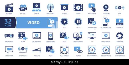 In einer sauberen Vektordarstellung werden 32 verschiedene Symbole für Video und Medien angezeigt. Die Symbole sind in einem Raster angeordnet und umfassen Trennwand, Kamera, Stock Vektor
