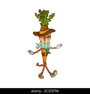 Cartoon groovige Karotten Cowboy oder Banditengemüse, Vektor-Charakter. Lustige groovige Karotte in Cowboyhut, Sonnenbrille und Bandana-Taschentuch als Wild West Vagabond oder Western Ranger Charakter in Sombrero Stock Vektor