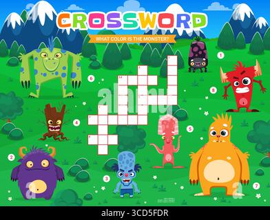 Kreuzworträtsel-Quiz-Raster mit lustigen Monster-Charakteren. Vektor-Lernpuzzle-Arbeitsblatt für Kinder, welche Farbe ist das Monster-Quiz mit unheimlichen Kreaturen über die Naturlandschaft? Kreuzworträtsel-Aktivität Stock Vektor