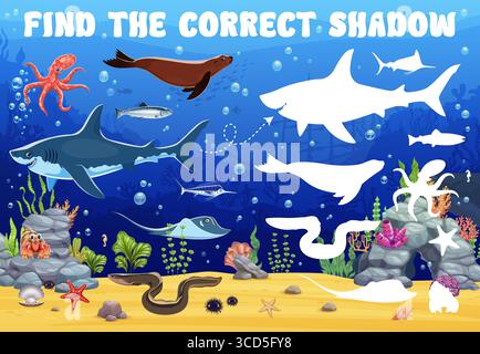 Kinder spielen, finden den richtigen Schatten des Meerestiers. Vektor-Matching-Aktivität für Kinder, pädagogisches Unterwasser-Puzzle mit Meerestieren Hai, Robbe, Krake, Aal, Krabbe, Fische und ihre Silhouetten Stock Vektor