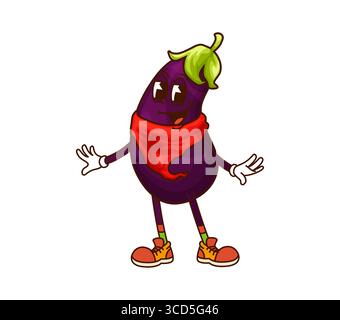 Cartoon-grooviger Cowboy- und Bandit-Gemüsefigur mit grünem Stiel, ausdrucksstarkem Gesicht, rotem Bandana und Retro-Hippie-Sneakers. Vector Vintage gesunde Lebensmittel Persönlichkeit und funky y2k Veg Ranger Stock Vektor