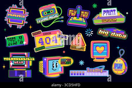 Groovige y2k-Aufkleber mit Retro-Technologie, Patchetiketten für Vintage-Geräte. Vektorsatz nostalgischer, futuristischer 90er Jahre-Retro-Digital-Badges mit Vintage-Computern, Fehlermeldungen, Ladebalken, Disketten Stock Vektor