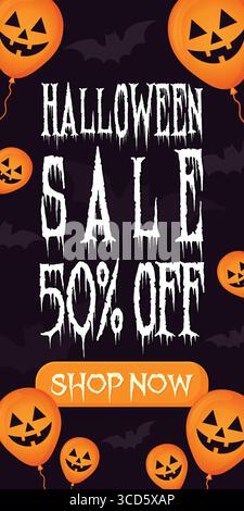 Halloween-Verkaufsposter mit Kürbisballons und Fledermäusen flachen Vektor. Stock Vektor