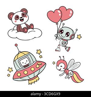 Niedliche Vektorfiguren mit Panda Alien und Roboterballons auf weißem Hintergrund Stock Vektor