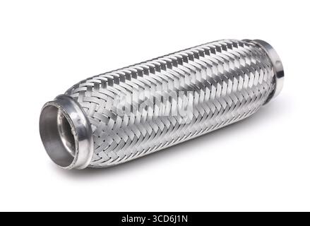 Flexibles Auspuffrohr für Autos isoliert auf weiß Stockfoto