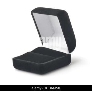 Leere schwarze Samtschmuckdose isoliert auf weiß Stockfoto