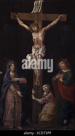 Die Kreuzigung, die Jungfrau Maria und der hl. Johannes unter dem Kreuz, St. Johannes der Täufer katholische Kirche in Budva, Montenegro Stockfoto