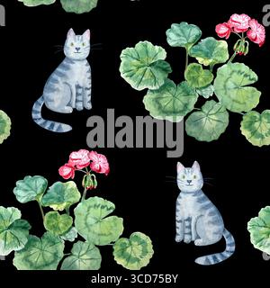 Graue Tabby-Katzen, grüne Geranienblätter und rosa Blumen nahtloses Muster auf schwarzem Hintergrund. Zartes und verspieltes Material Stockfoto