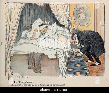 Ein Arzt legt ein Barometer anstelle eines Thermometers in die Rückseite des Patienten ein. Sein Zustand liest einen hübschen Vintage-Humor-Druck des französischen Illustrators Abel Faivre 1901 Farbdruck La-Temperatur Stockfoto