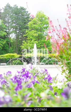 Eine wunderschöne Parkszene mit einem zentralen Brunnen, umgeben von üppigen Bäumen und lebendigen Blumen, schaffen eine friedliche und erfrischende Atmosphäre. Stockfoto