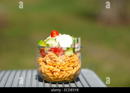 Nudelsalat in Einer Schüssel, Gurkenscheiben, Tomaten, roter Pfeffer und Käse, gesundes Essen mit Gemüse, Picknick in der Natur Stockfoto