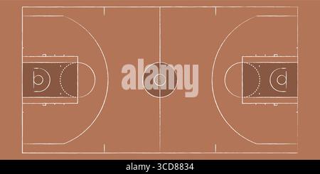 Basketballfeld mit Draufsicht mit realistischer Holzstruktur und Markierungen. Hallenboden für Sportspiele, Training oder Teamstrategie. Perfekter Hintergrund Stock Vektor