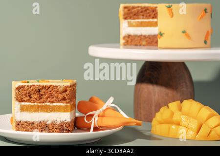Möhrenkuchen im Bento-Stil mit Creme und Mango, wunderschön präsentiert mit frischen Orangen auf einem Holzständer, die einen köstlichen Nachtisch hervorheben Stockfoto