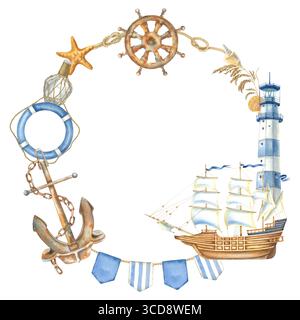 Kranz mit Segelschiff, Leuchtturm, Anker, Lenkrad, Rettungsschirm, Seesterne. Handgezeichnete Aquarellillustration von Symbolen der Reise auf isoliertem Stockfoto